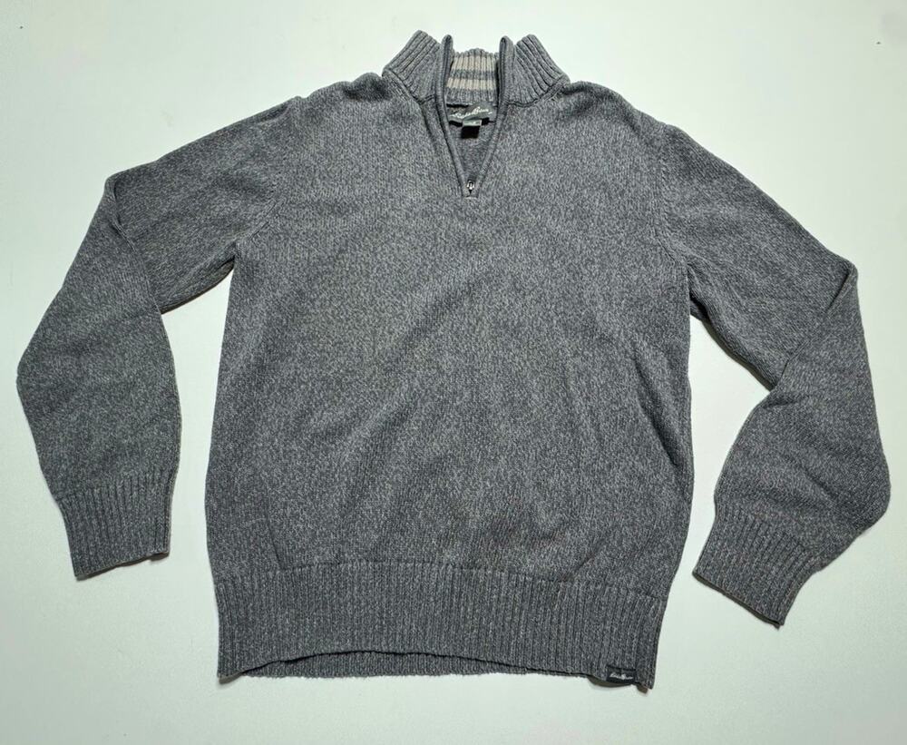 Eddie Bauer Gray 1/4 Zip Mock Neck Knit Pullover Sweater Solid Logo M